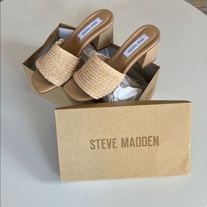 Steve Madden Beige Woven Strap Block Heel Slides